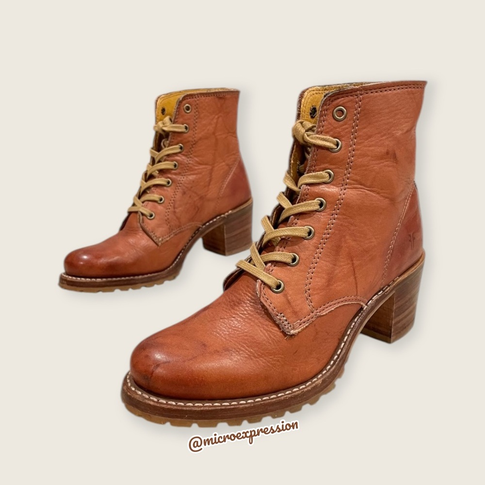 RARE Frye Sabrina 6G Lace Up Genuine Cognac Leather Classic Combat Ankle Boots - Picture 14 of 16